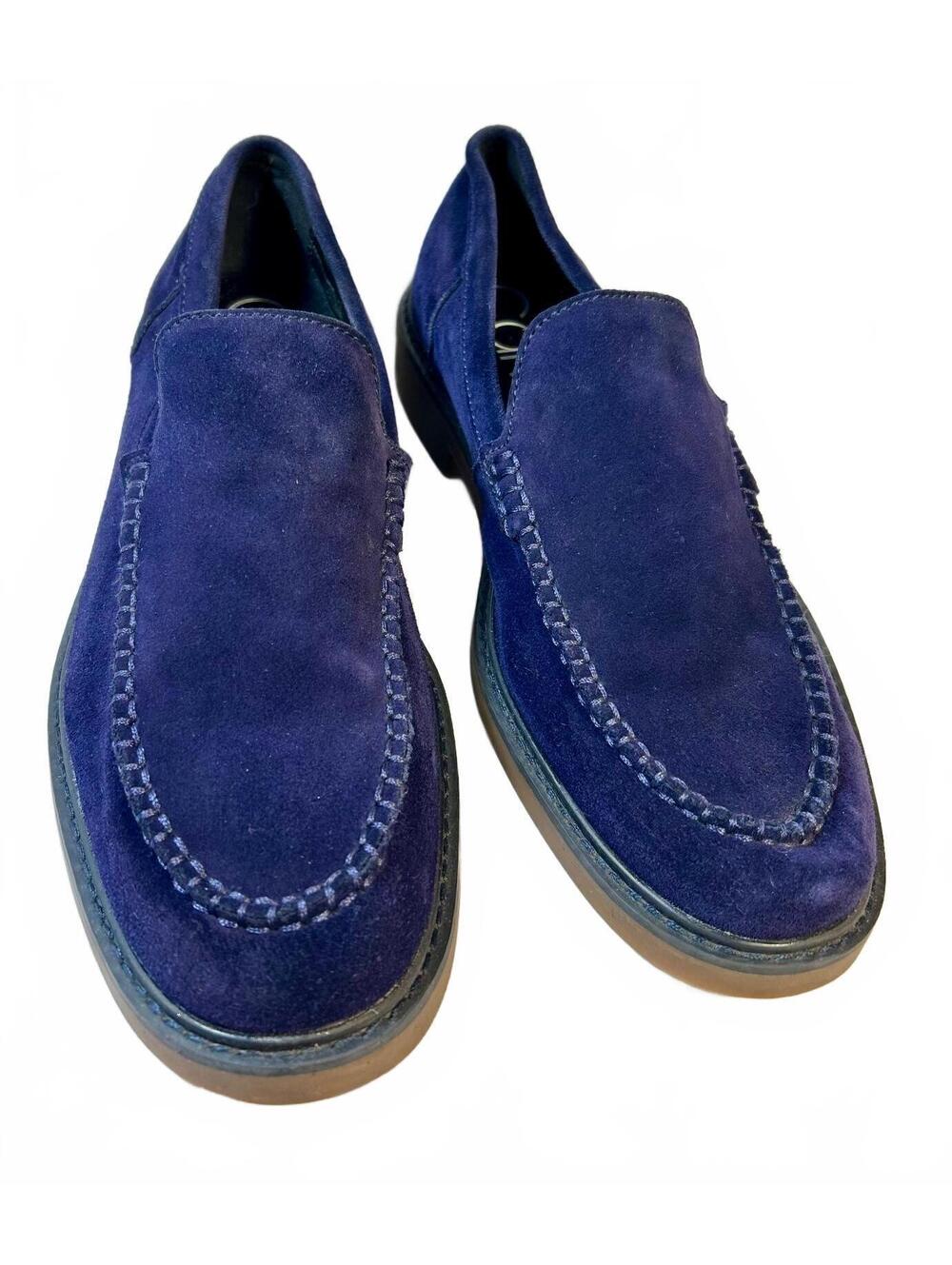 Calvin Klein Mens 9 Blue Suede Loafers Moc Toe Slip On Gum Sole Preppy Dress
